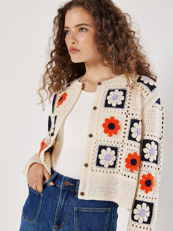 Patchwork Daisy Crochet Cardigan, Navy, large