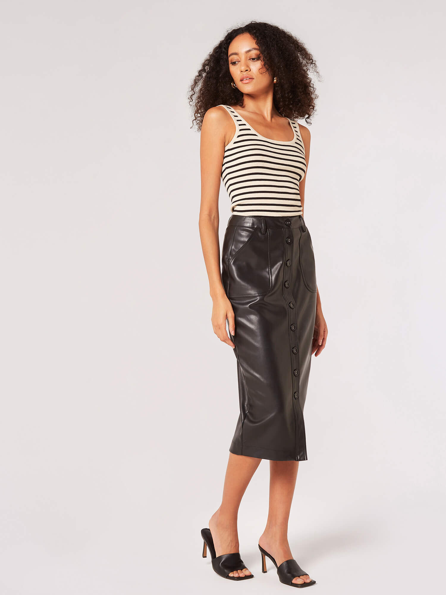 Button Down Faux Leather Midi Skirt | Apricot Clothing