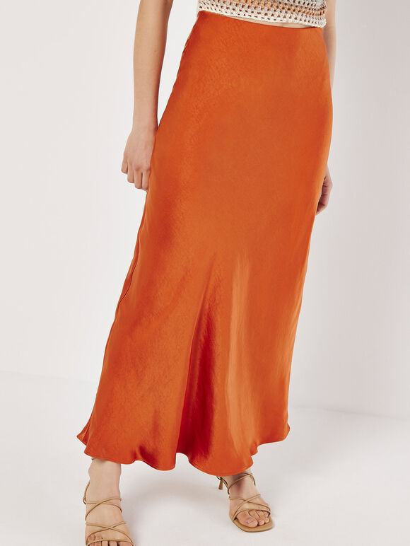 Satin Bias Midi Skirt, Orange, large