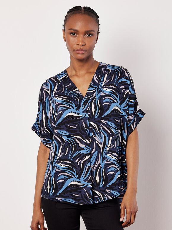 Abstract Print Pleat Blouse, Navy, large