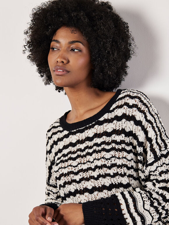 Pointelle Stripe Crochet Jumper, Black, large