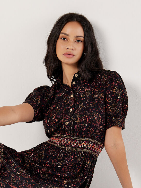 Paisley Shirt Midi Dress, Black, large