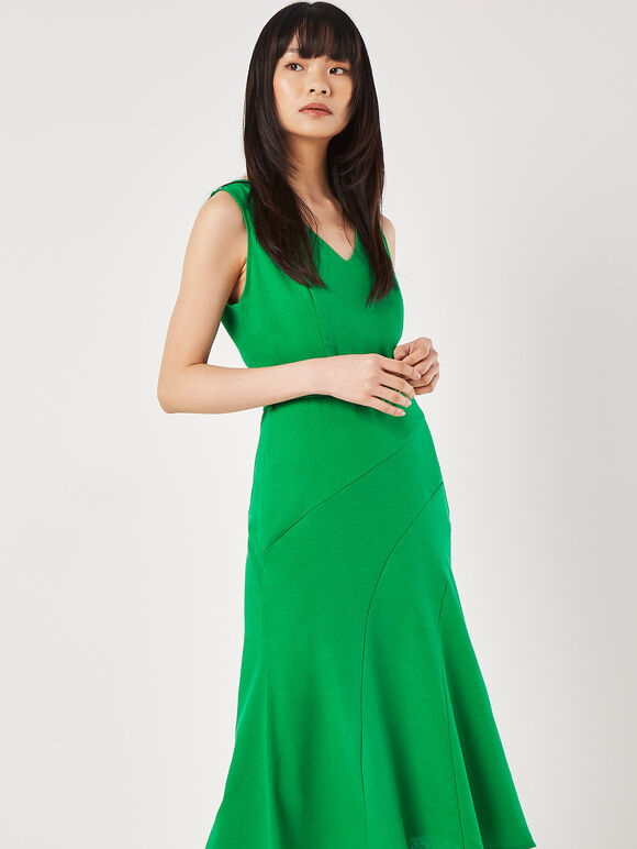 Linen Blend Belted Midi Dress, Green, large