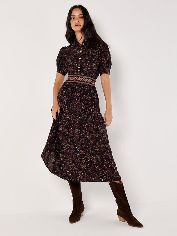 Paisley Shirt Midi Dress, Black, large