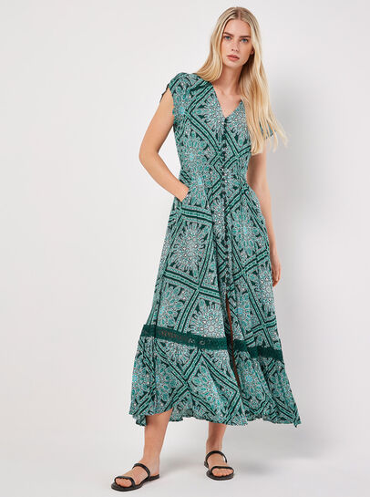 Scarf Print Crochet Detail Maxi Dress