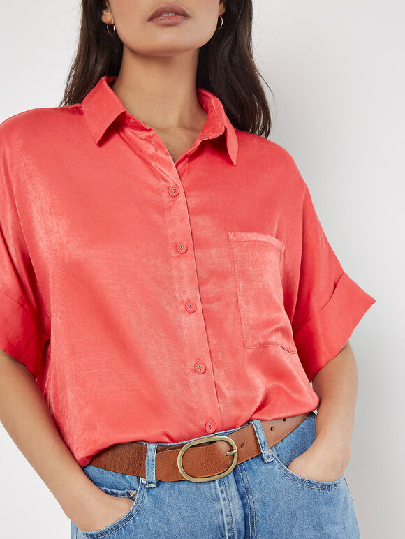 Relaxed-Fit Satin Shirt, Red, large