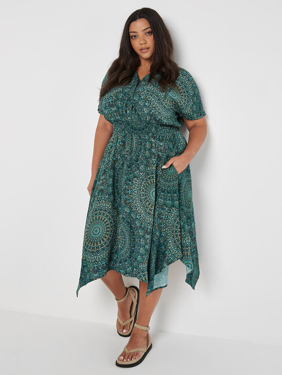 Curve Moroccan Mandala Midi Dress, Green, large