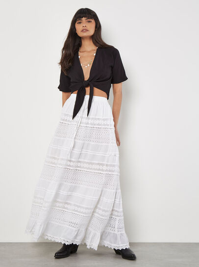 Cotton Crochet Lace Tiered Maxi Skirt