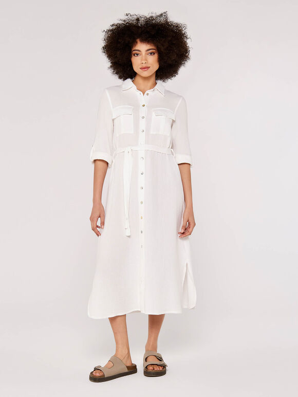 Tera Cotton Shirt Midi Dress, Cream, large