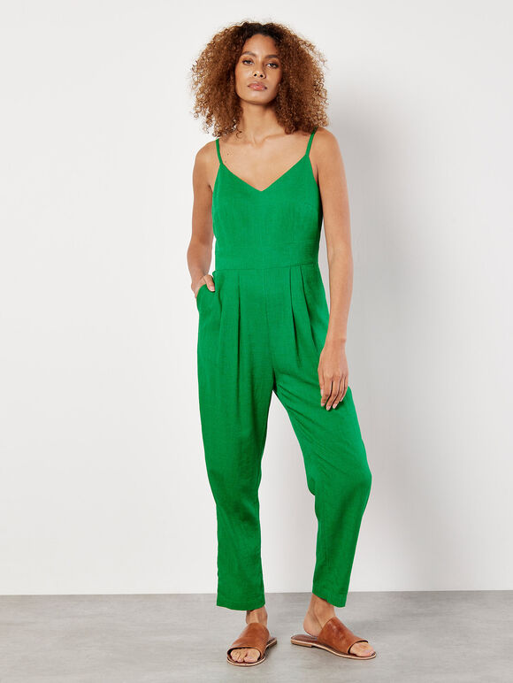 Linen Blend Camisole Jumpsuit, Green, large