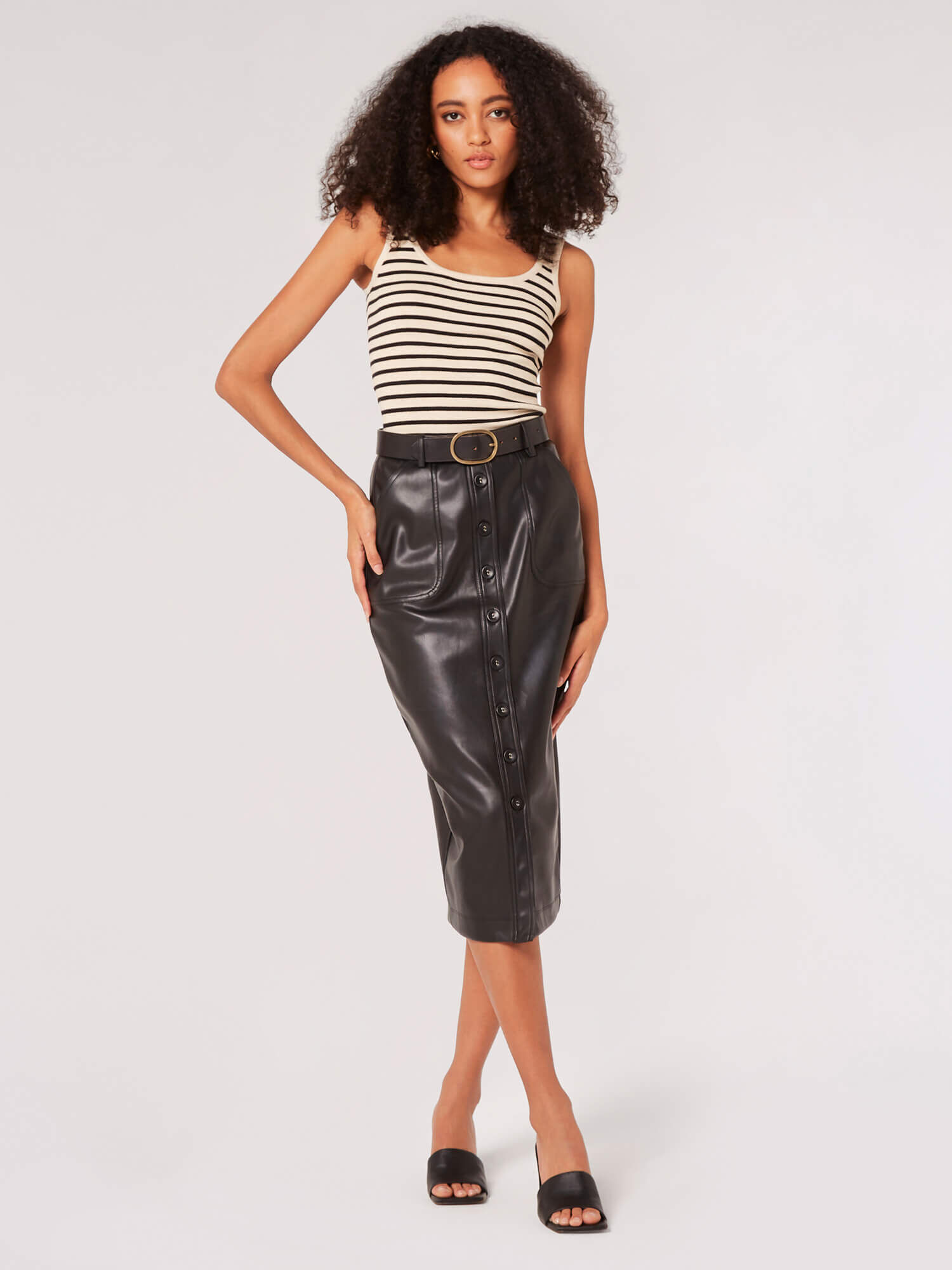 Button Down Leather-Look Midi Skirt | Apricot Clothing