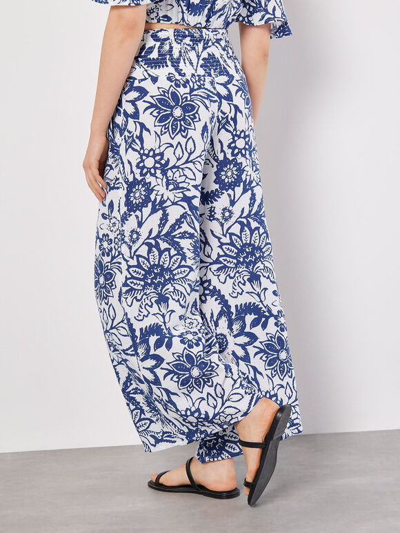 Cotton Floral Print Palazzo Trousers, Blue, large