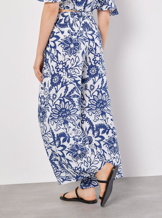 Cotton Floral Print Palazzo Trousers, Blue, large