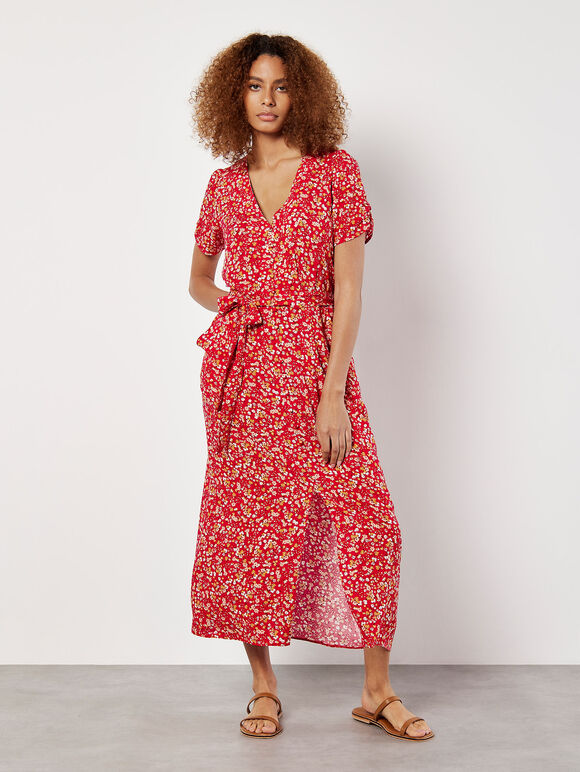 Ditsy Floral Decorative Button Midi Dress, Red, large