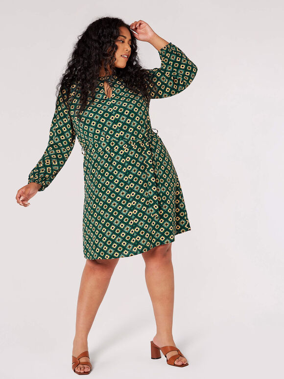 Curve Retro Diamond Mini Dress, Green, large