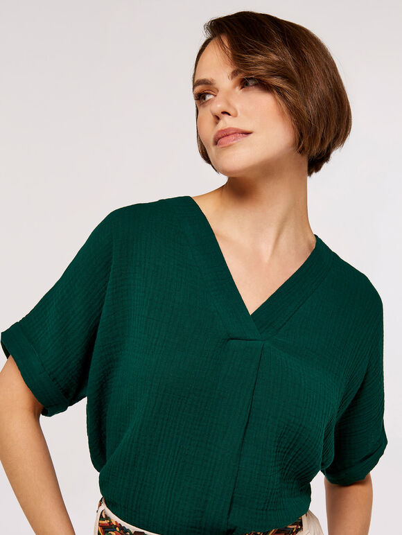 Vneck Cotton Top, Green, large