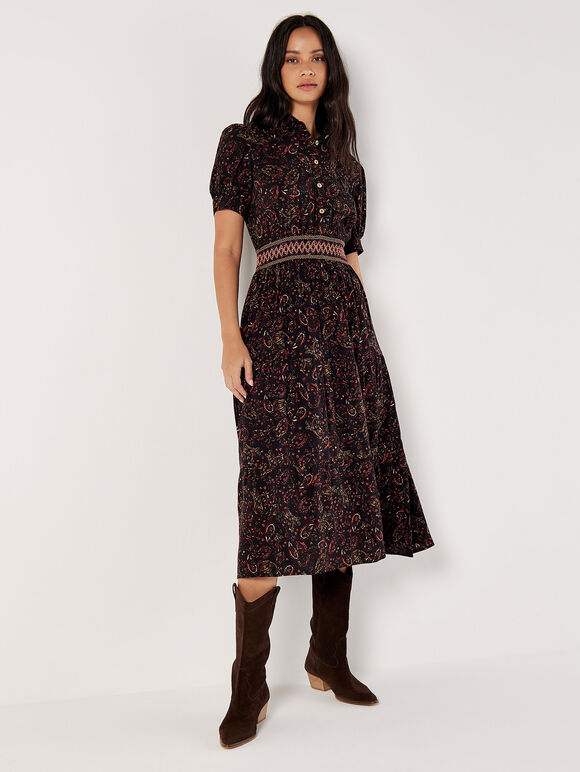 Paisley Shirt Midi Dress, Black, large