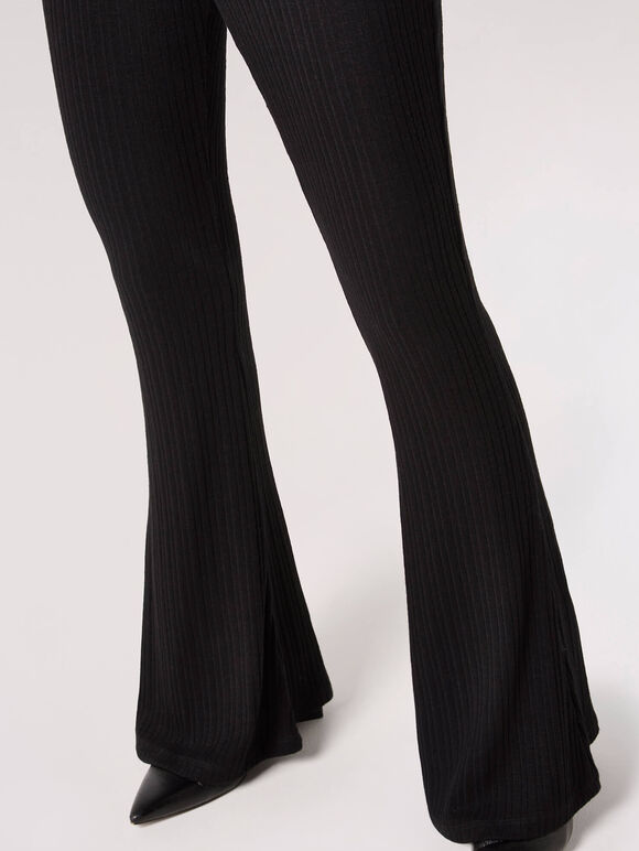 Black Stripe Textured Rib Flared Trousers