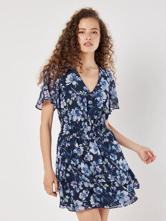 Watercolour Blooms Chiffon Mini Dress, Navy, large