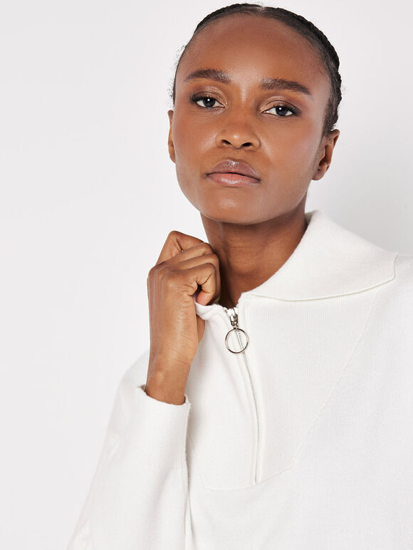 Cropped Zip Neck Sweatshirt, Cream, large