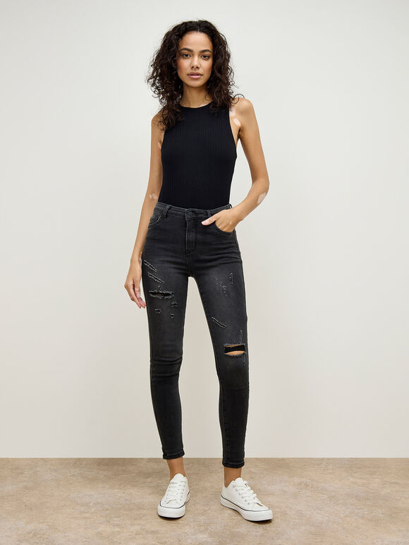 Sienna Mid-Rise Ripped Skinny Fit Jeans, Black, large