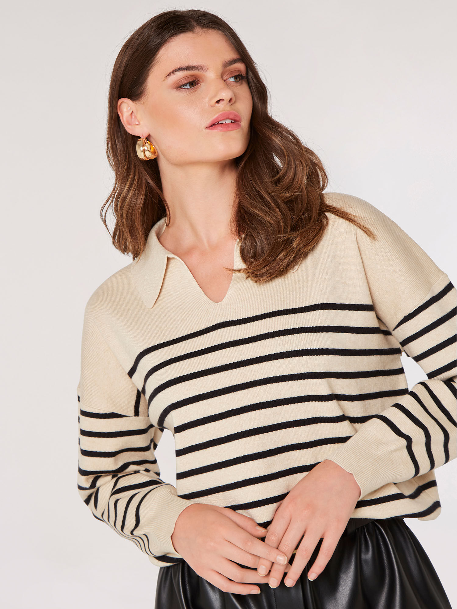Open Collar Stripe Knit Jumper | Apricot Clothing
