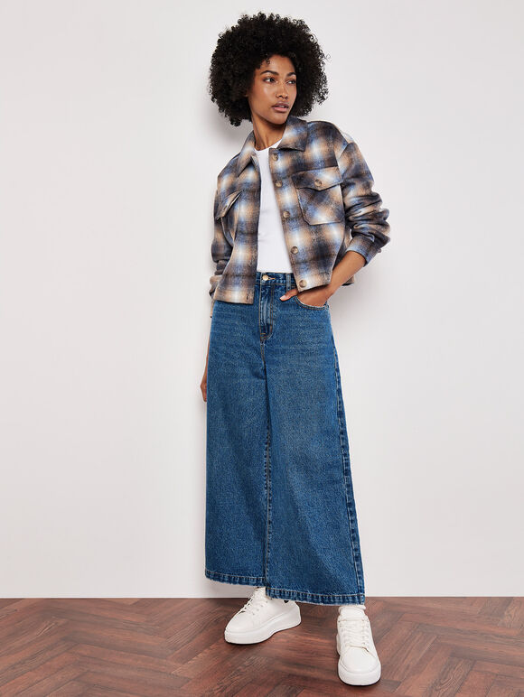 Brushed Check Cropped Jacket, Blue, large