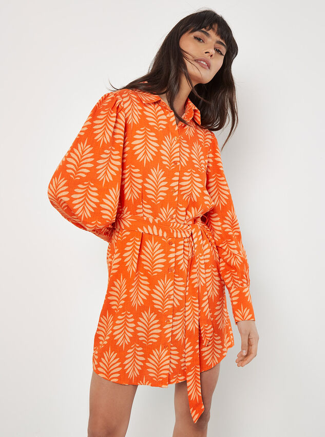 Geo Leaf Shirt Mini Dress, Orange, large