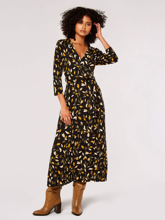 Leaf Print Wrap Maxi Dress, Black, large