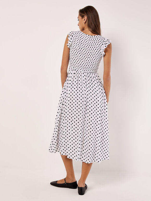 Polka Dot Smocked Midi Dress, White, large