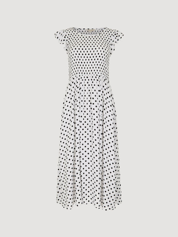 Polka Dot Smocked Midi Dress, White, large