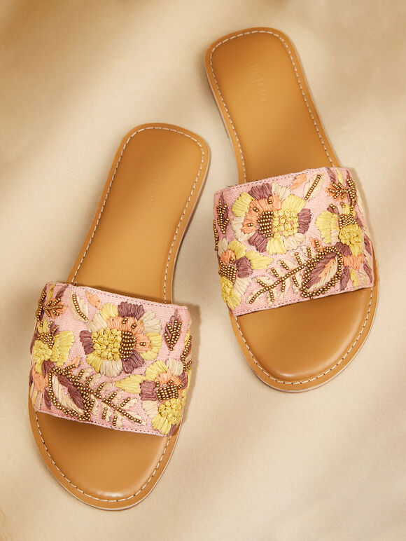 Embroidered Canvas And Leather Sandals, Pink, large