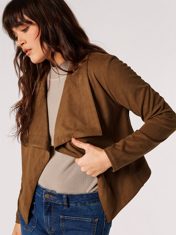 Cropped Suede Waterfall Jacket, Brown, large