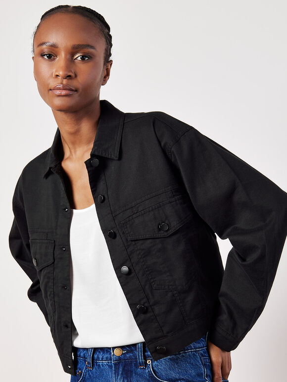 Boxy Twill Jacket, Black, large