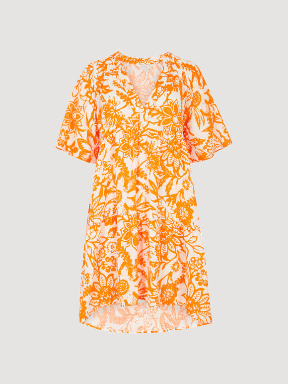 Floral Cotton Mini Dress, Orange, large