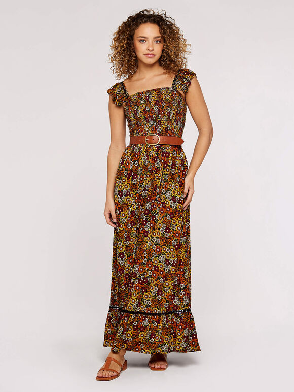 Floral  Milkmaid Maxi Dress, Orange, large