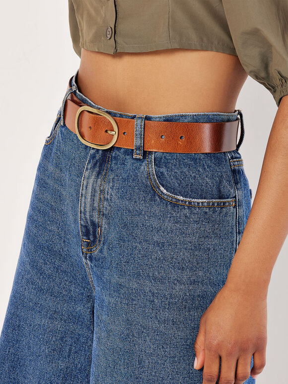 Leather Gold Buckle Belt, Brown, large