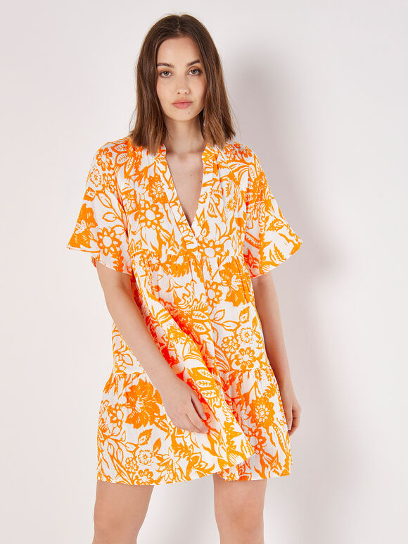 Floral Cotton Mini Dress, Orange, large