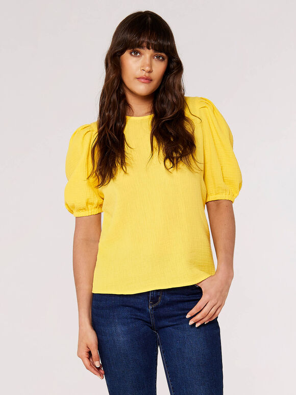 Textured Cotton Puff Sleeve T-Shirt, Yellow, large