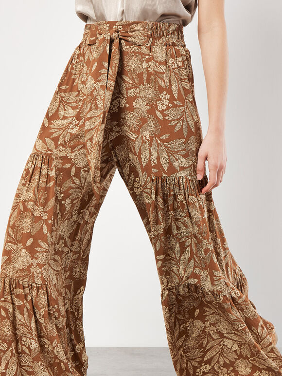 Batik Leaves Tiered Wide-Leg Trousers, Rust, large