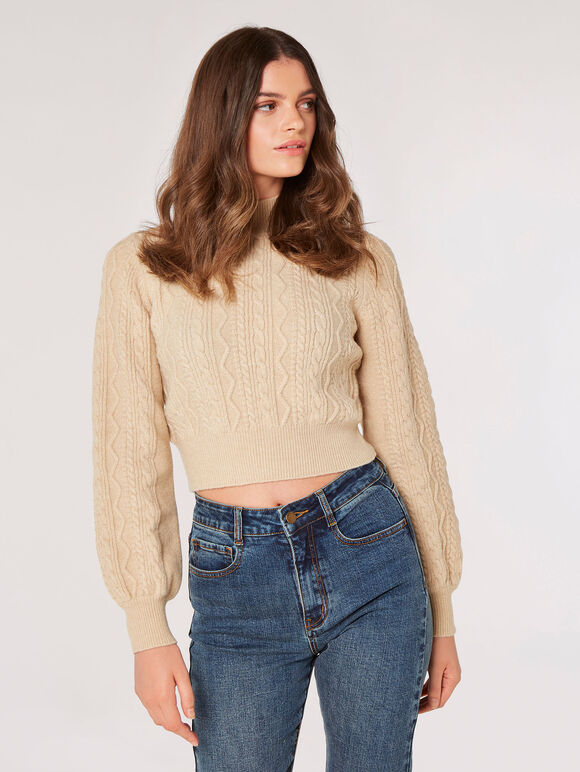 Cropped Cable Knit Aran Jumper | Apricot Clothing