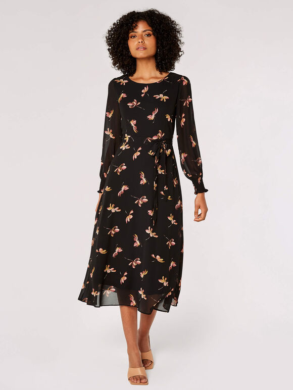 Watercolour Floral Midaxi Dress, Black, large