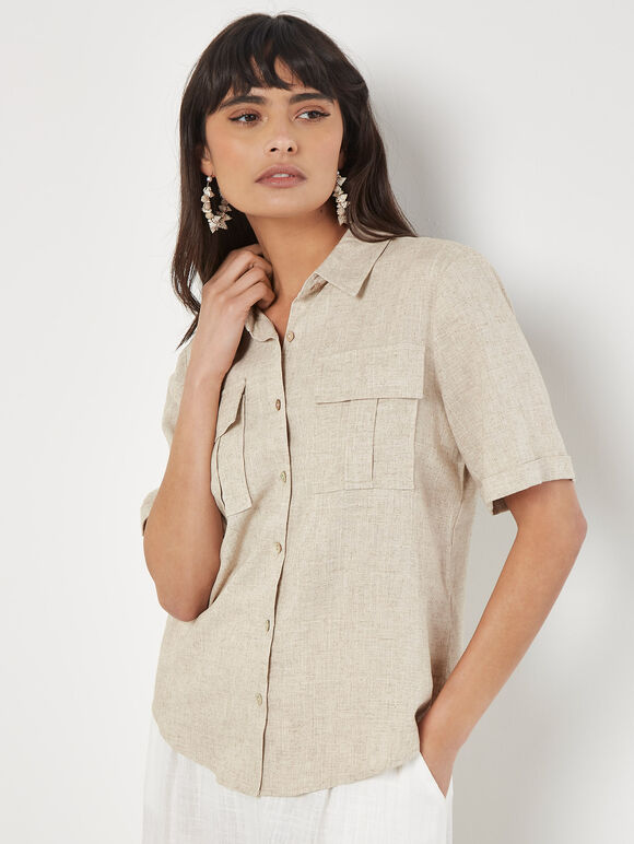 Linen Blend Short Sleeve Shirt, Stone, large