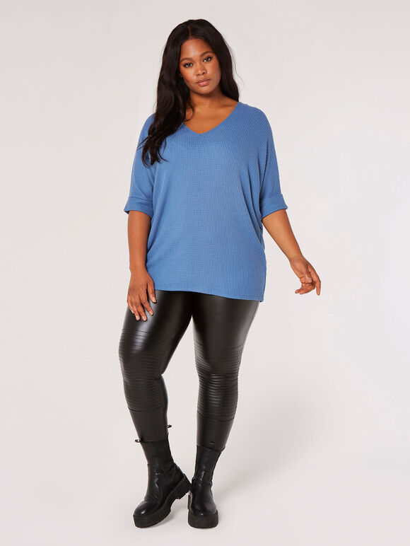 Curve Textured V-Neck Batwing Top, Blue, large