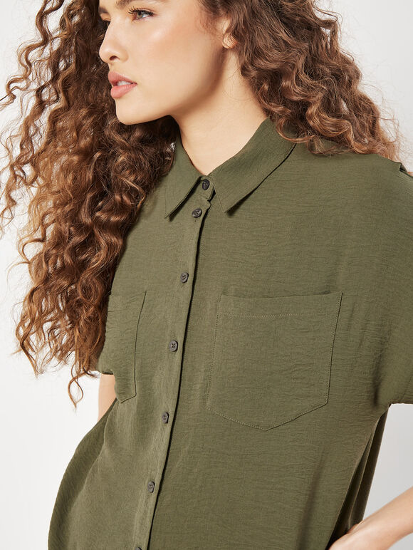 Textured Short Sleeve Shirt, Khaki, large