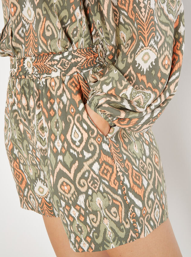 Ikat Print Soft Woven Shorts, Khaki, large