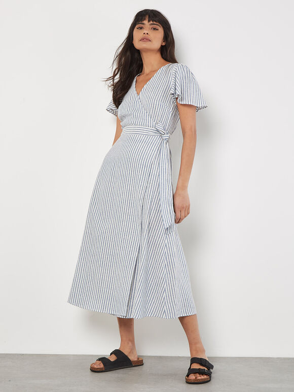 Oxford Stripe Wrap Midi Dress, Blue, large