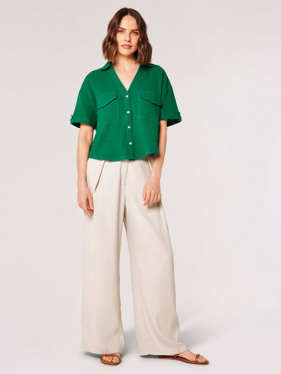 Textured Cotton Boxy Shirt, Green, large