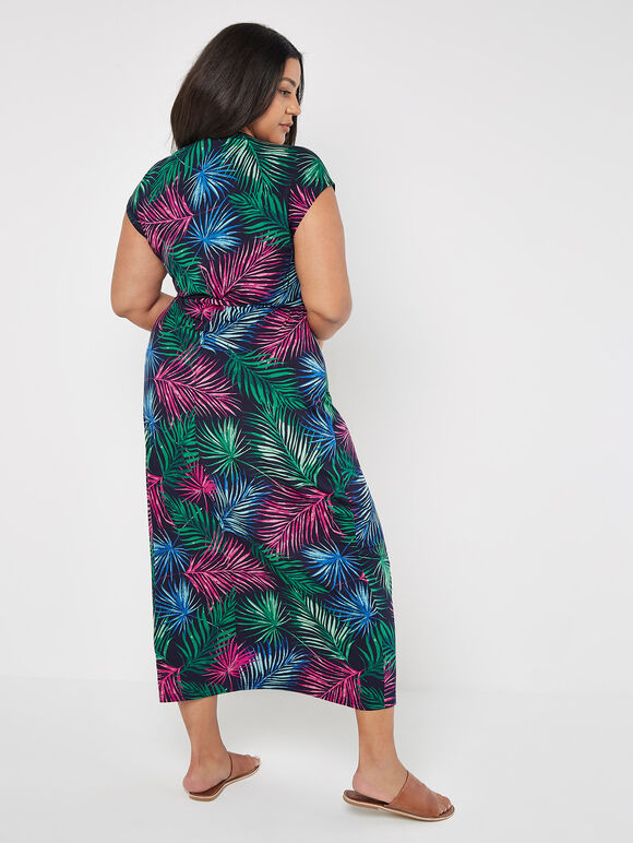 Curve Tropical Palm Wrap Maxi Dress, Navy, large