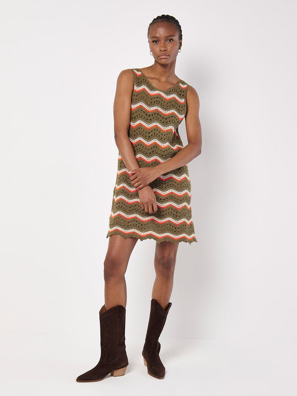 Chevron Crochet Shift Mini Dress, Khaki, large